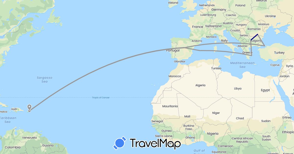 TravelMap itinerary: driving, plane in Bulgaria, Spain, Greece, Romania, Turkey, United States (Asia, Europe, North America)