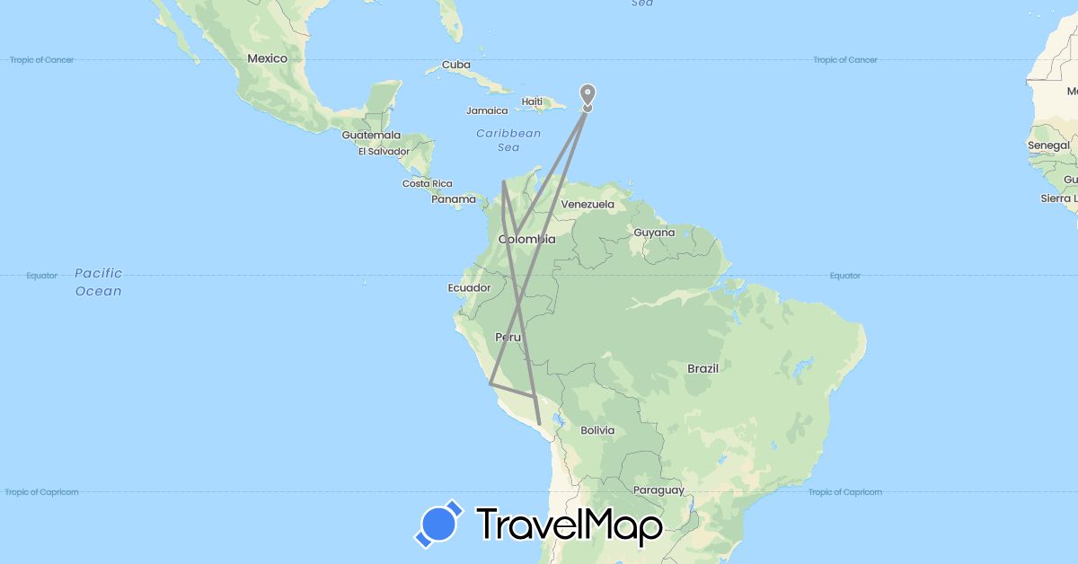 TravelMap itinerary: driving, plane in Colombia, Peru, United States (North America, South America)
